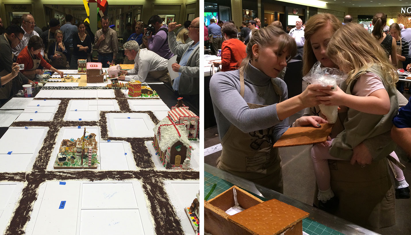 (L) A Gingertown with the entries from multiple teams beginning to populate it; (R) Crystal McMahon helps a young beneficiary with "snow" while Beth Carroll holds her up. -