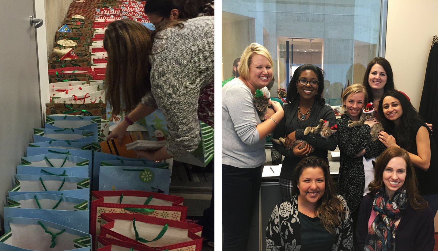 (Left) Pagers pack holiday bags of necessities for Santa for Seniors. (Right) Page's support of the SPCA was rewarded by an office visit from kittens. Standing, L-R, Stephanie Gibson-Roberts, Micki Washington, Abbey McCann, Anna Mitchell and Sana Sabharwal, Kneeling, L-R, Alex Santana and Loni Leveridge. -