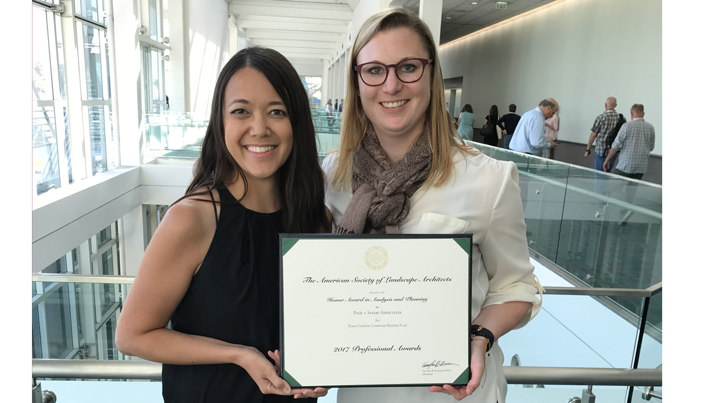 (L-R) Mary Anne Ocampo, Sasaki Urban Designer and Katharyn Hurd, Page Urban Designer jointly accepted the ASLA 2017 Honor Award for Texas Capitol Complex Master Plan. -