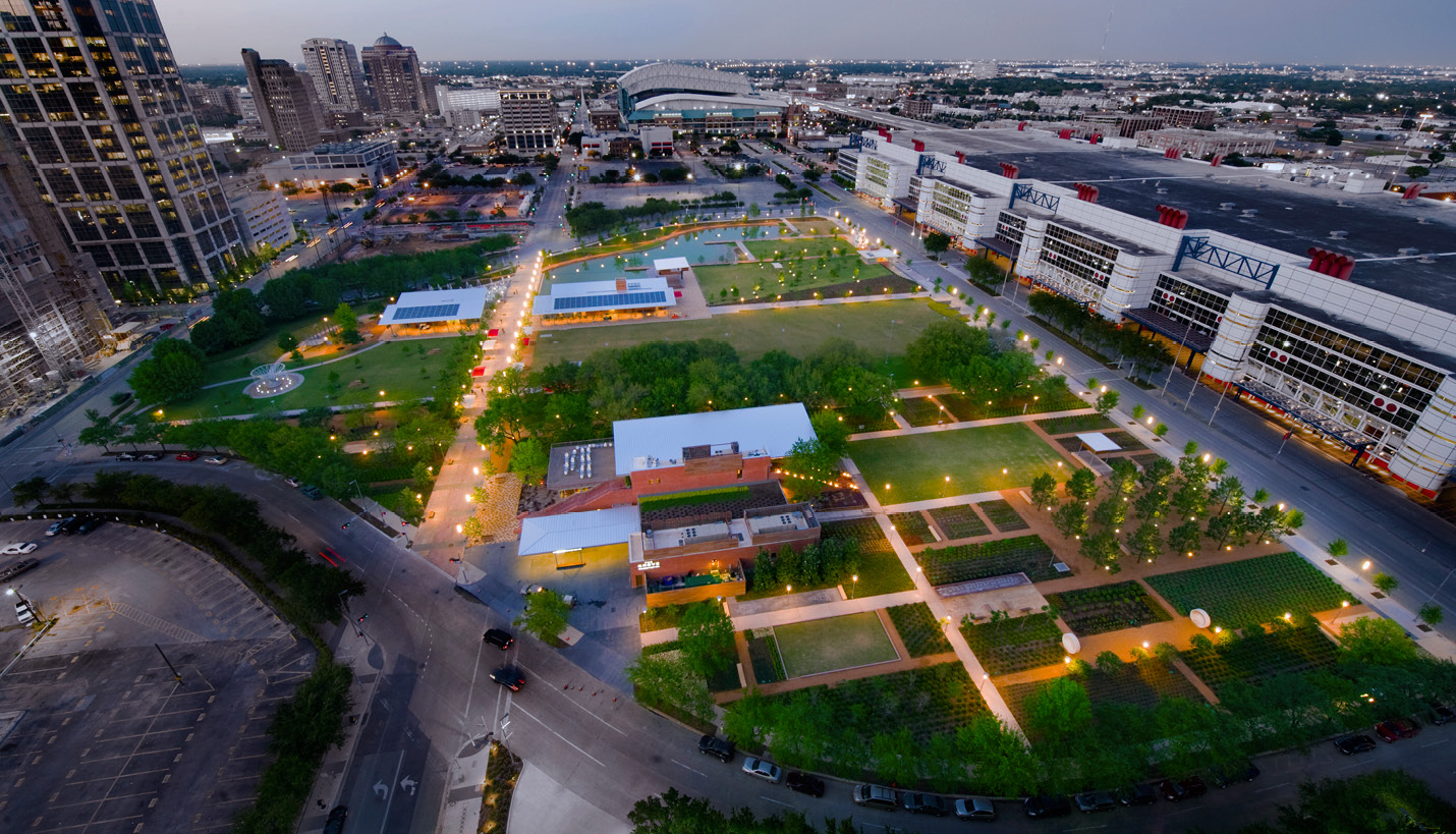 Architecture of Discovery Green urban downtown park -