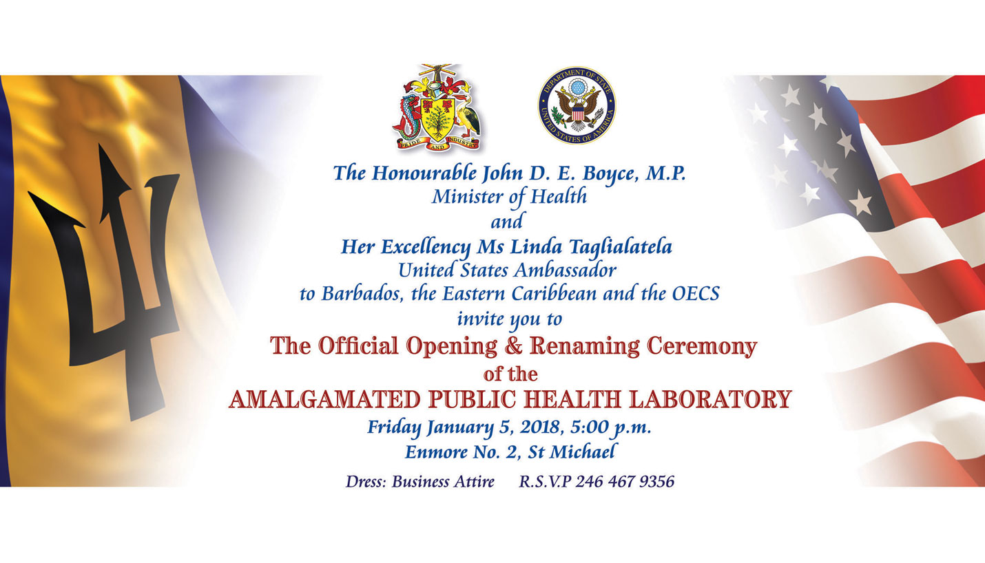 Invitation to the ribbon cutting for the Barbados National Medical Reference Laboratory in Bridgetown. -