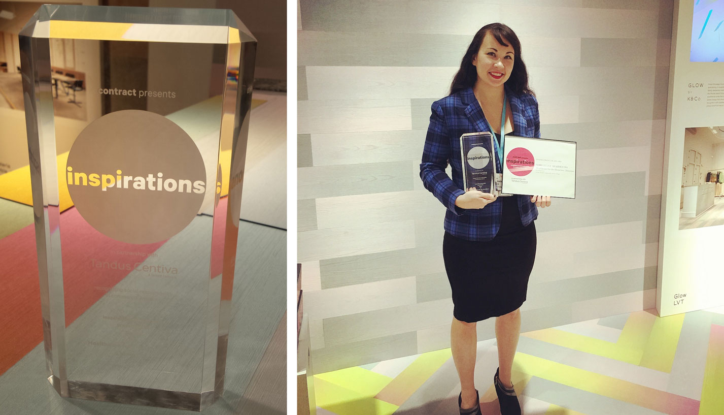 Page Project Manager Ami Robinson holds the Inspirations Award her team received at NeoCon2016 for Healthcare for the Homeless - Houston. -