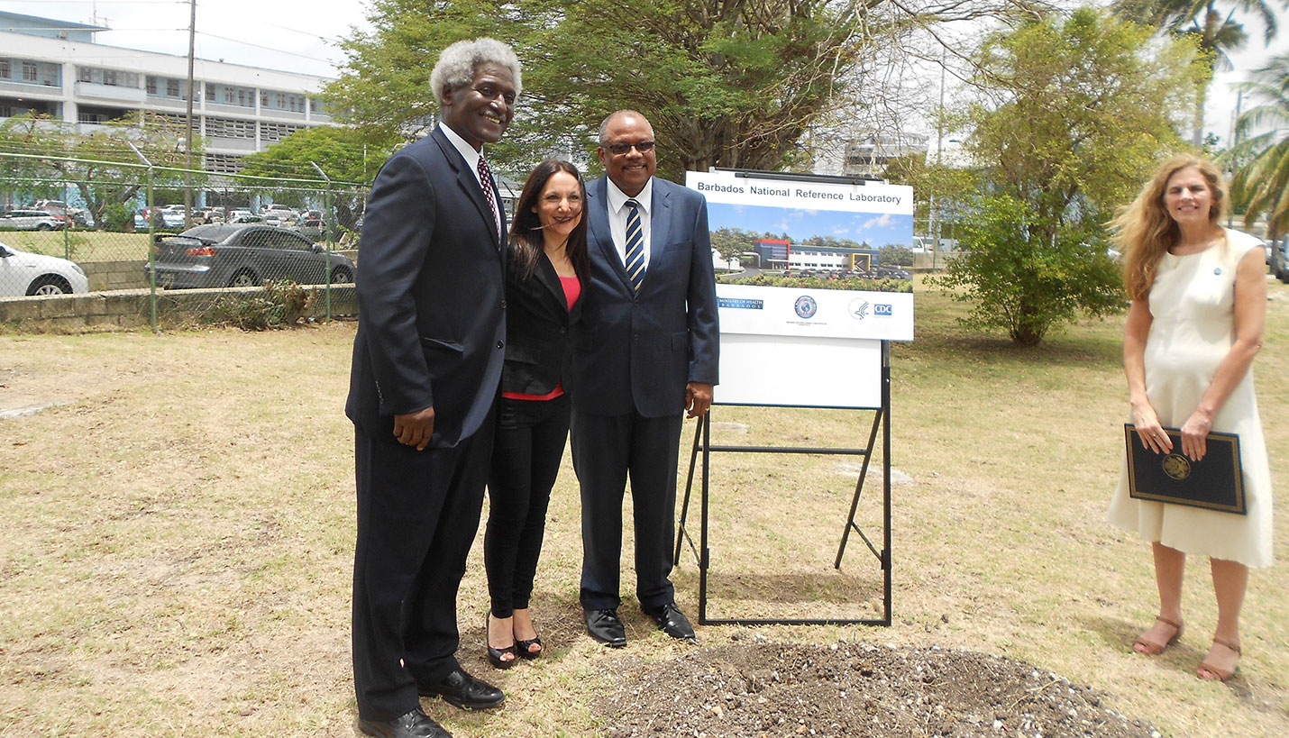 US Ambassador to Barbados Dr. Larry Palmer, CDC Director Dr. Rachel Albalak, Minister of Health John D. E. Boyce, CDC Deputy Director Janine Hines -