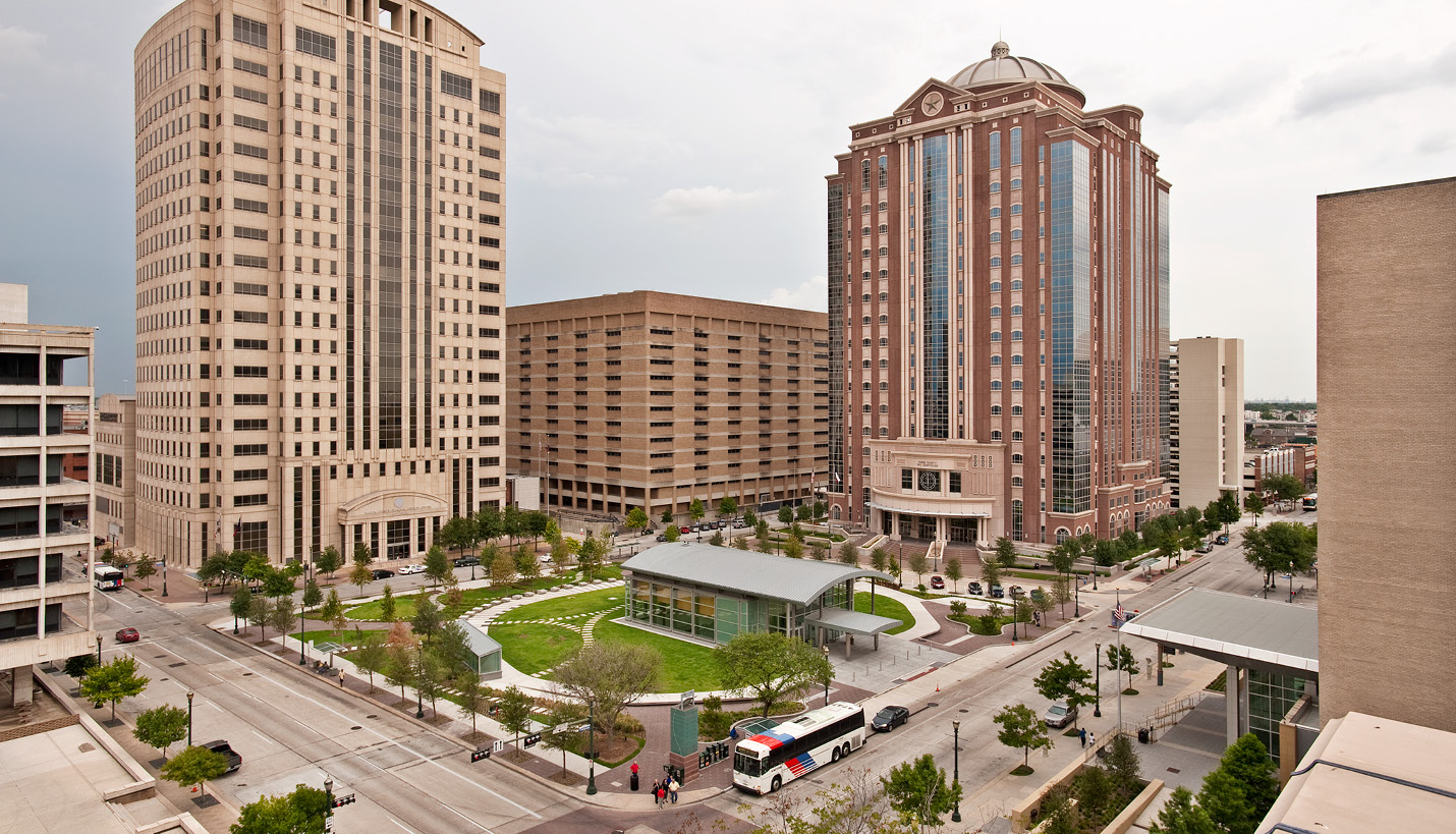 Glass pavilion entry to the underground Page-designed Harris County Jury Plaza -