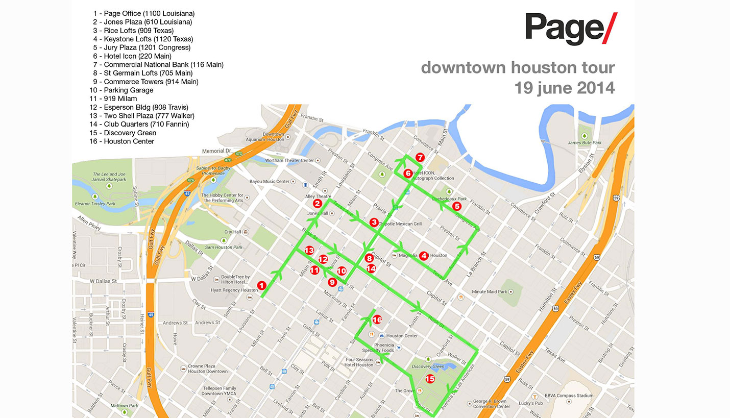Proposed route of Page architectural tour through downtown Houston -