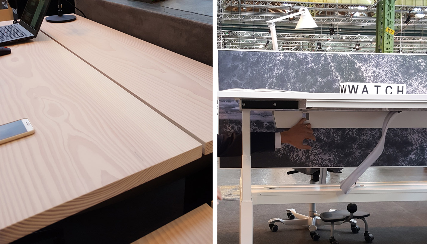 Left: Holmris wood worksurface detail / Right: Holmris sit/stand desk and power cover -