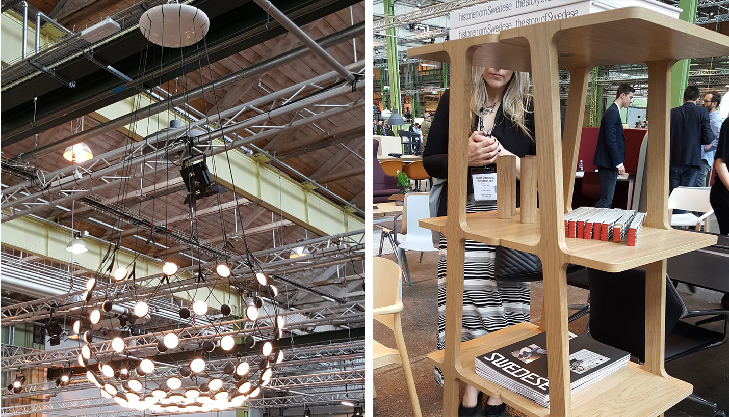 Left: Pendant light fixture by Luceplan / Right: Wood seam detail in shelves by Swedese -