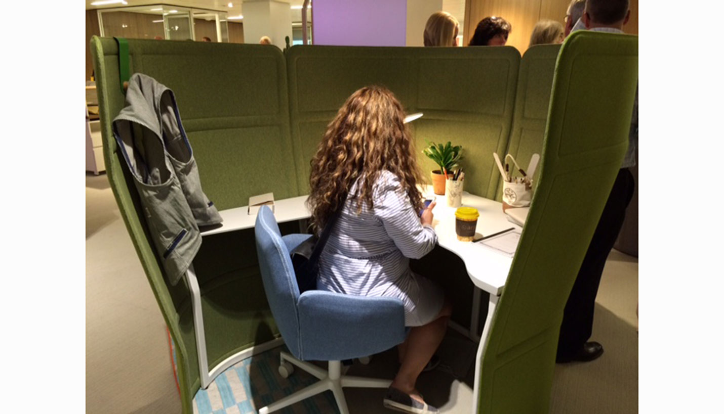 A workstation at the Haworth showroom. -