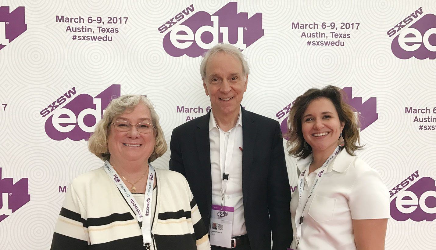 From left to right: Dell Medical School Executive Vice Dean for Academics Sue Cox, Larry Speck and Sara Ibarra -