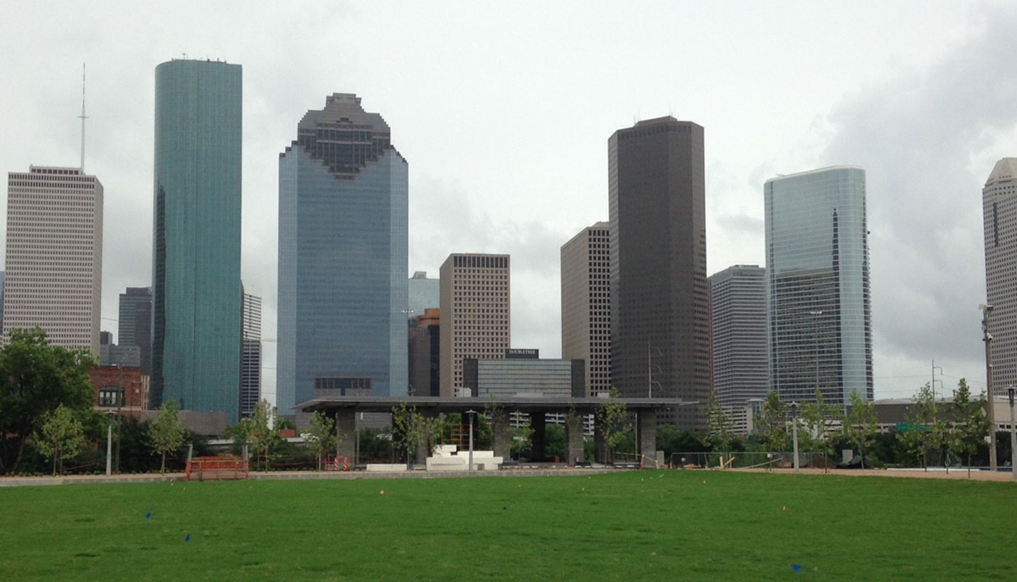 Distant view: Waterworks Building at Buffalo Bayou Park. -