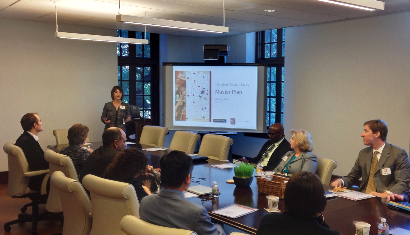 Wendy Heger presenting the Houston Public Library Master Plan. -